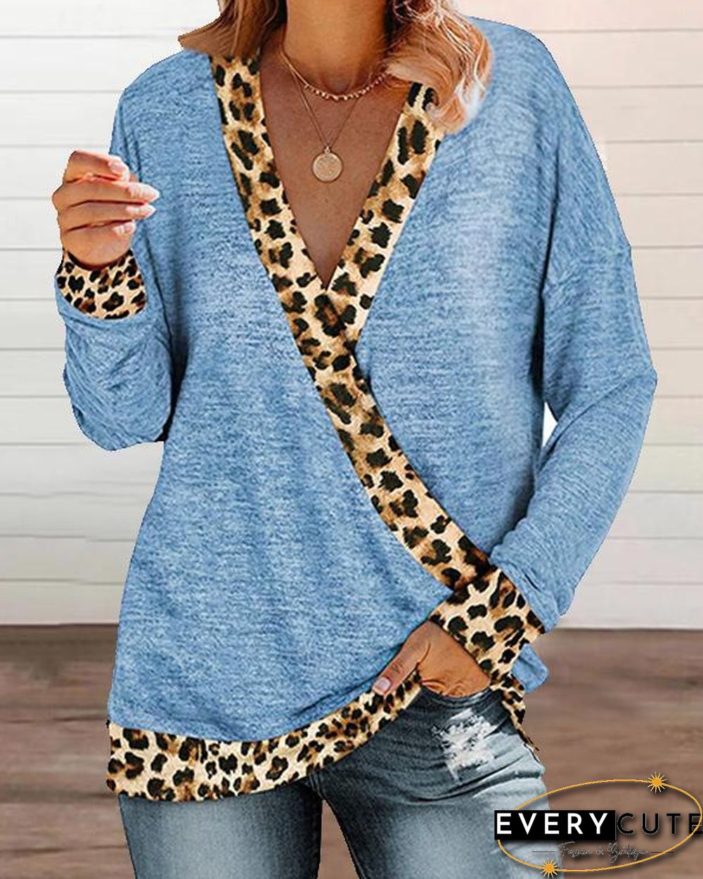 Leopard Patchwork V Neck Loose Fit Shirts&Tops
