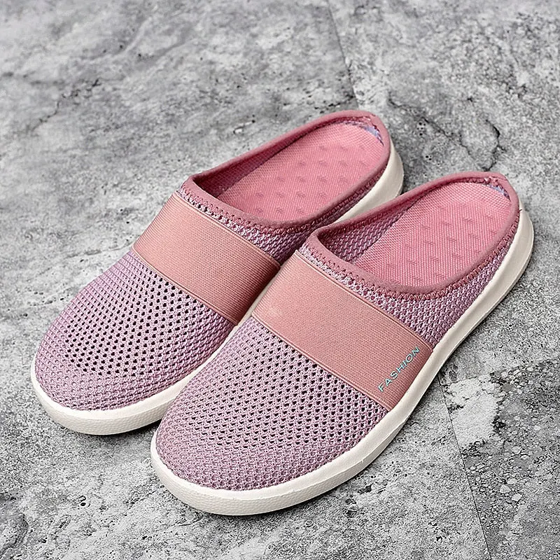 Nine o'clock 2021 Stylish Women Casual Mules Large Size Comfortable Mesh Female Flats Shoes Lightweight Anti-skid Pink Footwear