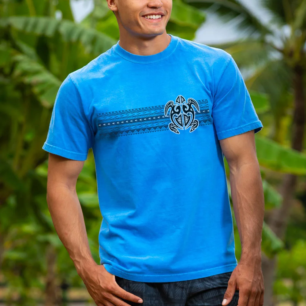  Vibrant Blue T-Shirt with Tribal-Inspired Design for Summer Adventures
