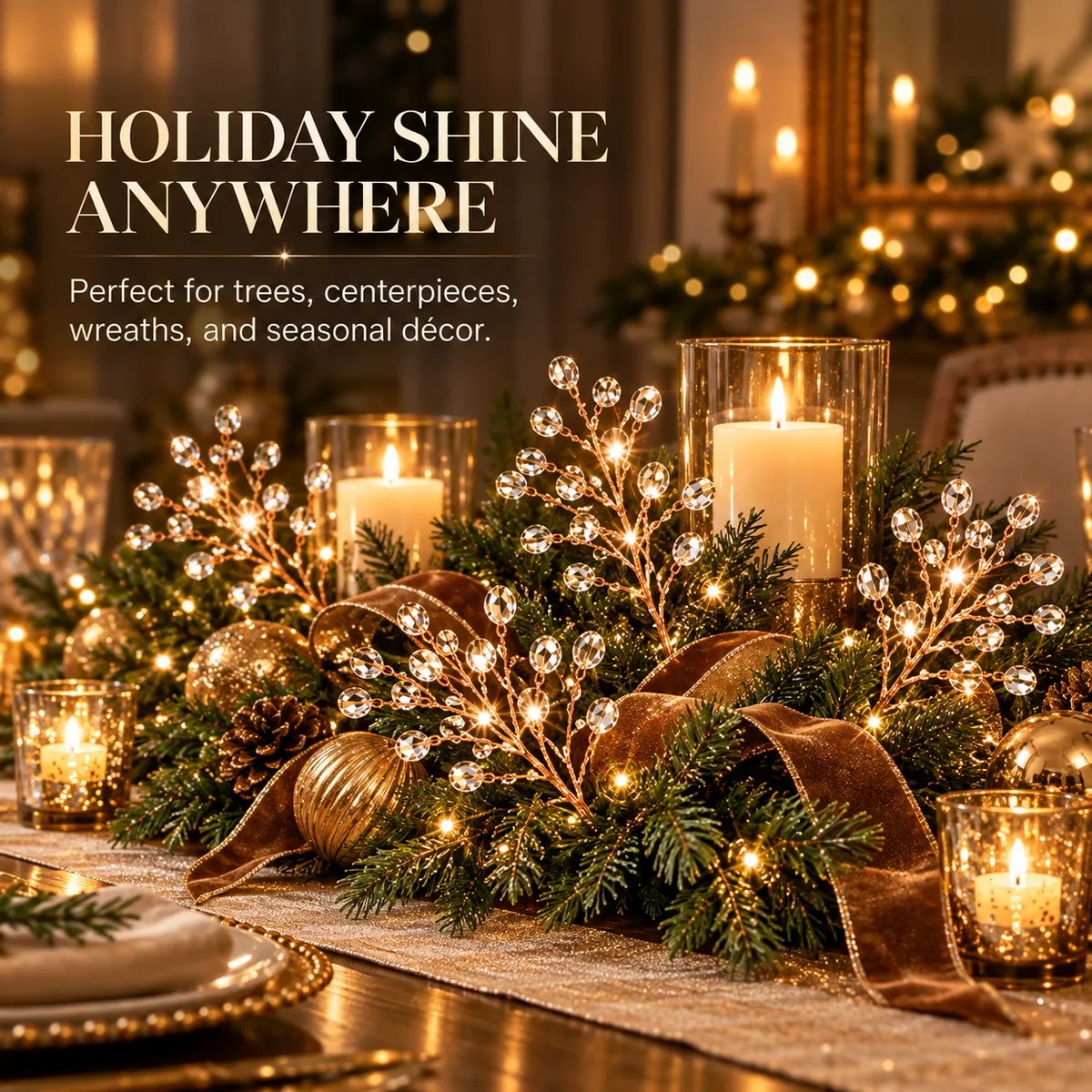 Crystal beaded Christmas picks in an elegant holiday table centerpiece