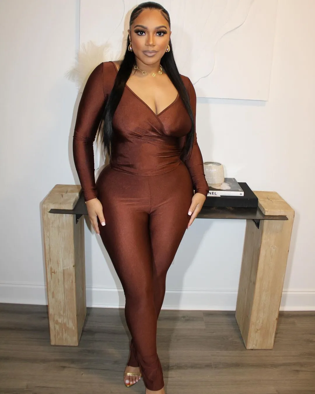 Women Solid v-neck sexy long-sleeved Top And trousers two-piece set