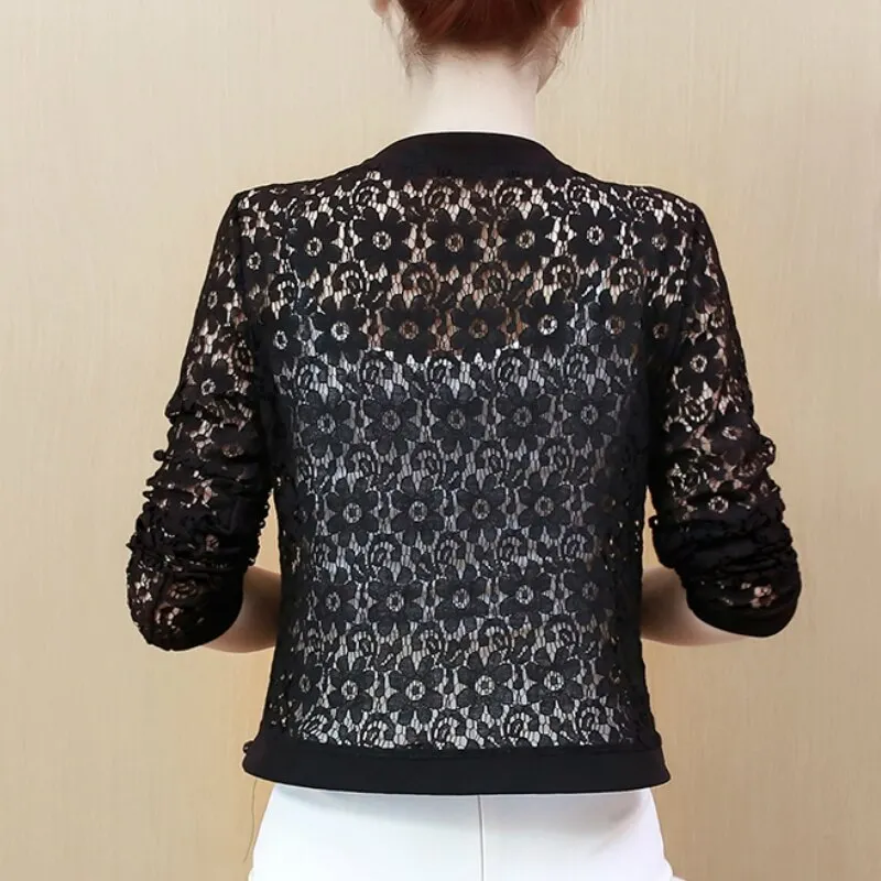 Uveng Hollow Out Lace Blouse Women Long Sleeve White Black Shirt Beading Lace Jacket Elegant 4XL Women Clothing Blusas 16821