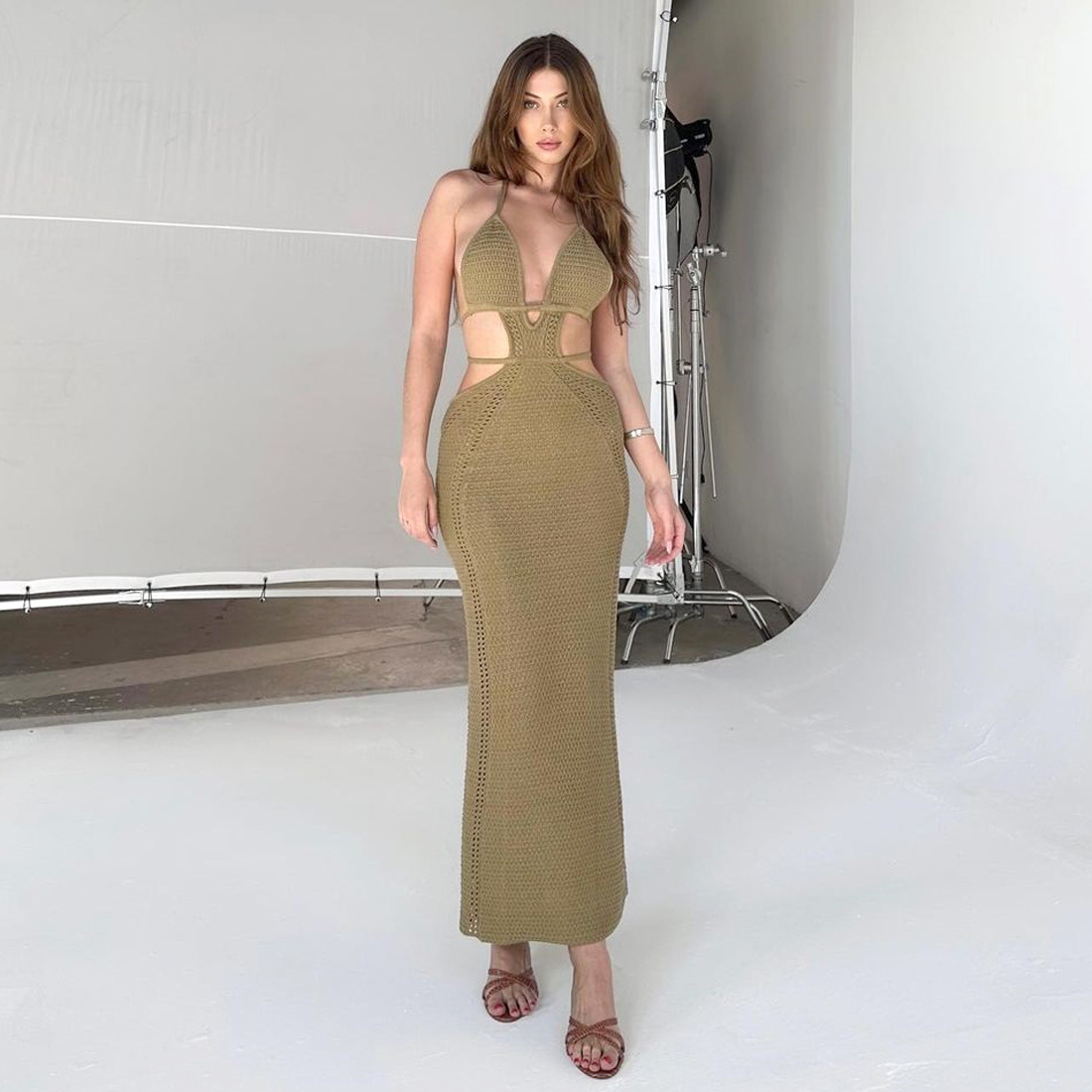 Ootddress Female Knit Lace-Up Maxi dress Backless Slim Fashion Beach Outfits Y2k Dress Hollow Out Bandage Knitwear Party Women Dress