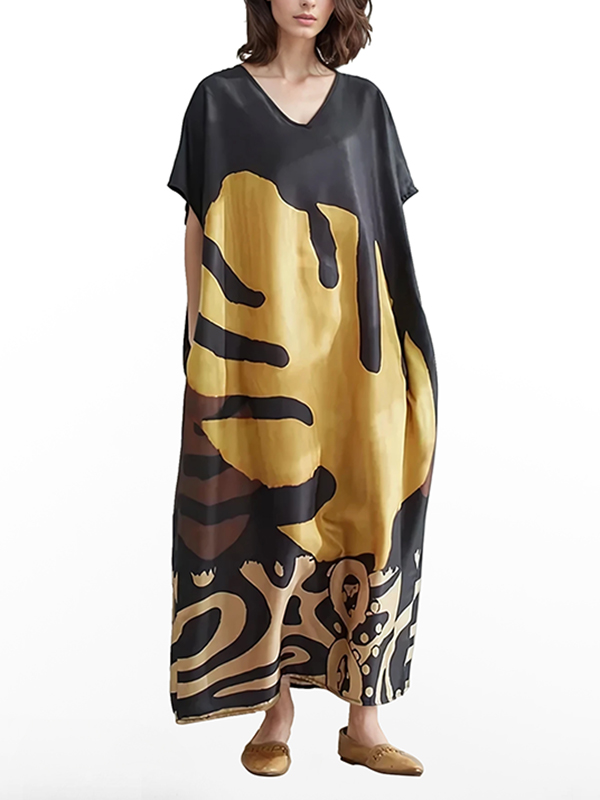 Artistic Retro Casual V Neck Leaf Printed Short Sleeve Dress