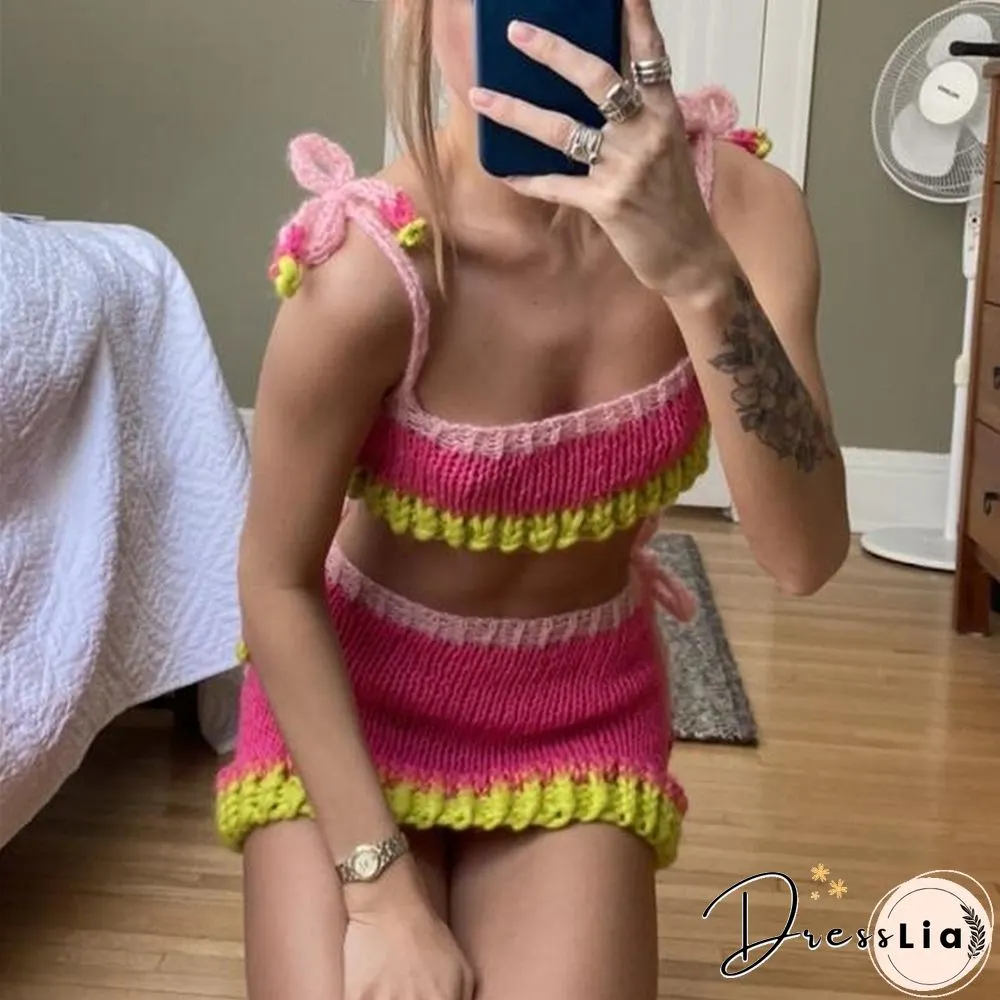 Knitted Set Women Summer Color Block Patchwork Sleeveless Crop Top And Mini Skirt Matching