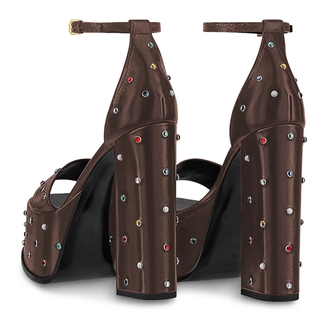 Brown Rhinestone Open Square Toe Ankle Strap Platform Heel Sandals