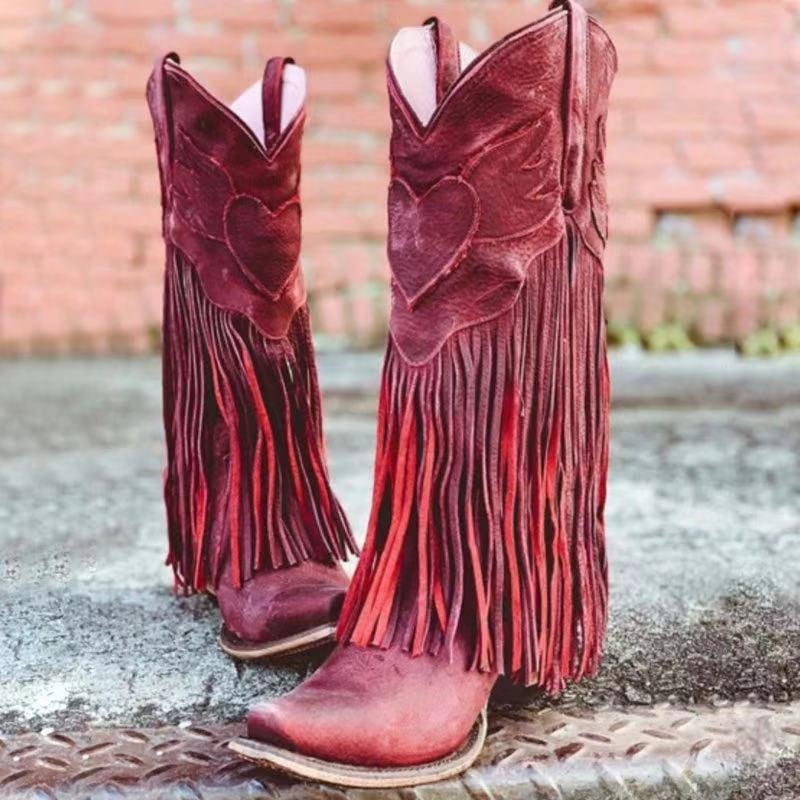 Mid Calf Fringed Cowboy Boots Vintage Pointed Toe Block Heeled Boots