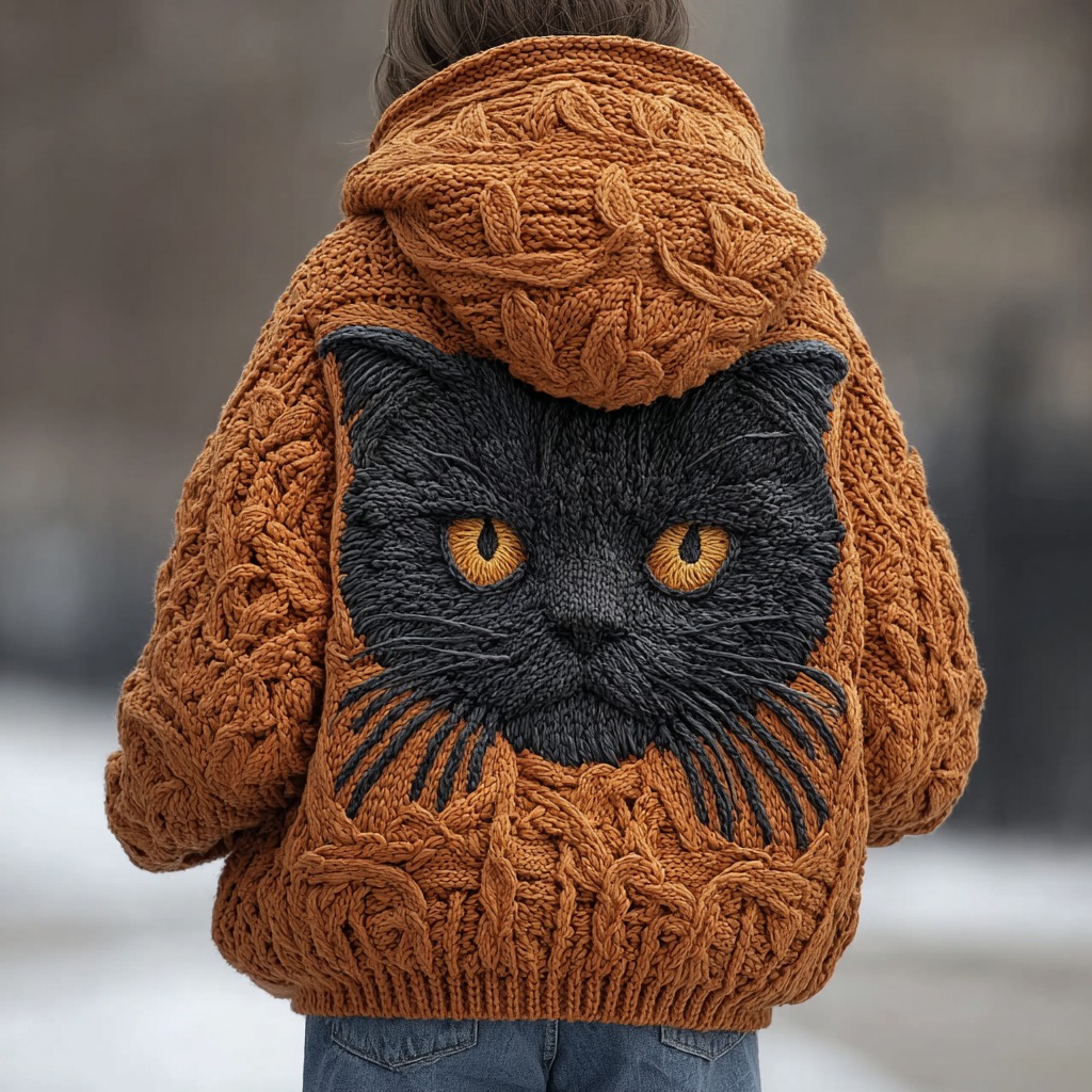 Women's Vintage Black Cat Embroidered Zip-up Sweater