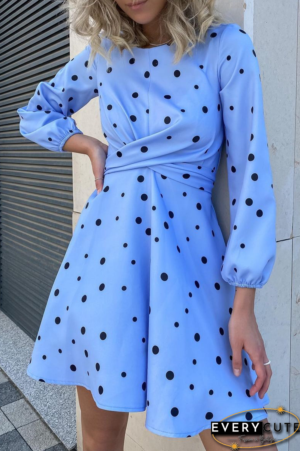 Elegant Polka Dot Split Joint Fold O Neck A Line Dresses