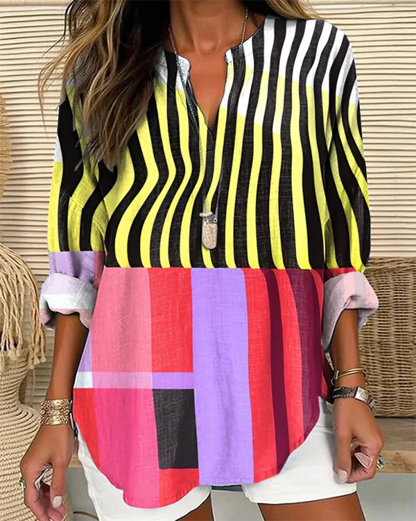 Retro Abstract Color Block Art Print V-Neck Top