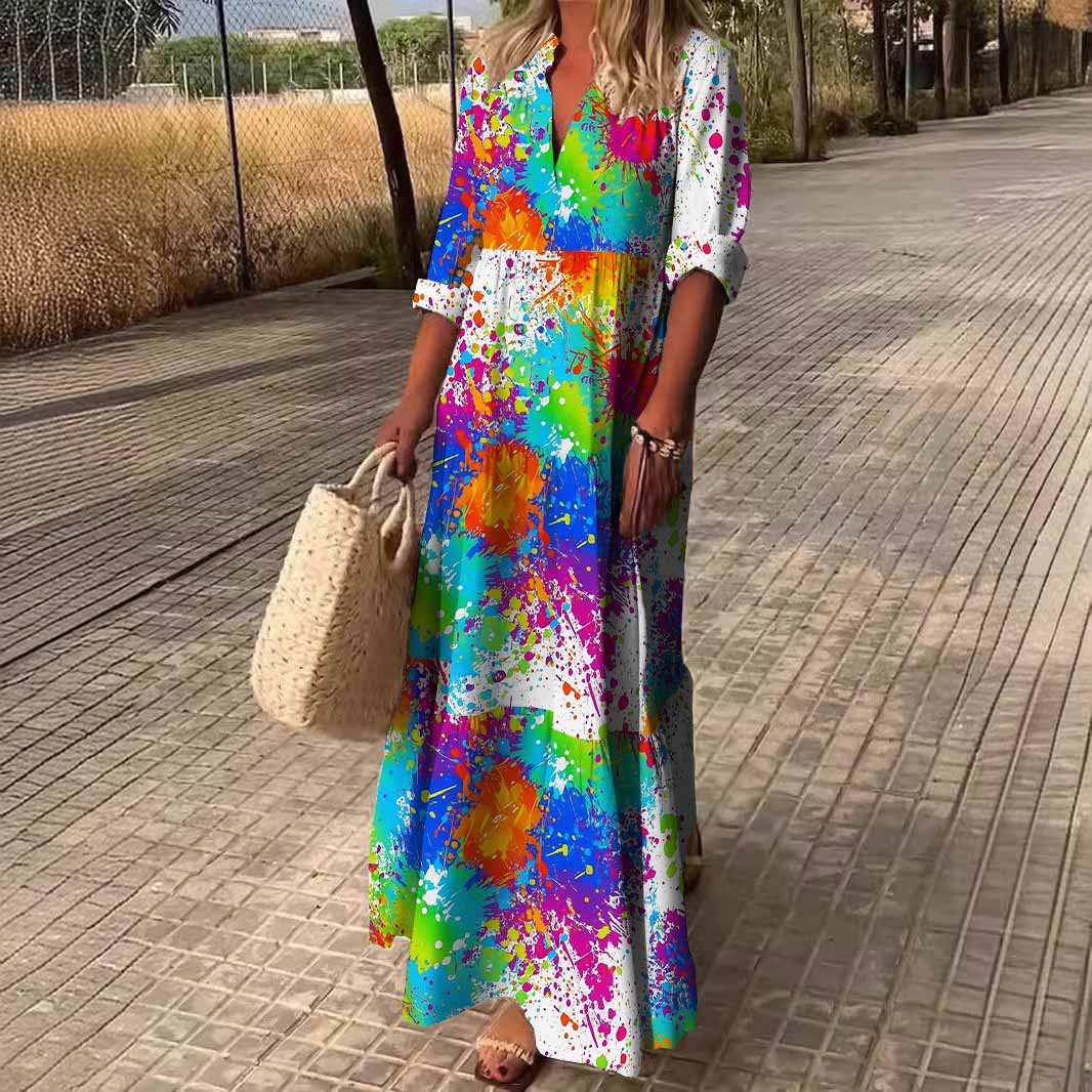 Women Graffiti,Color DZDN0857 SPU Printed Long Sleeve V-neck Maxi Dress
