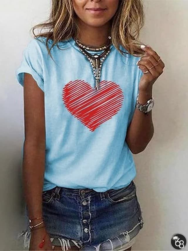 Women's T shirt Tee Black White Blue Graphic Heart Print Short Sleeve Casual Daily Basic Vintage Round Neck Regular S | 168DEAL