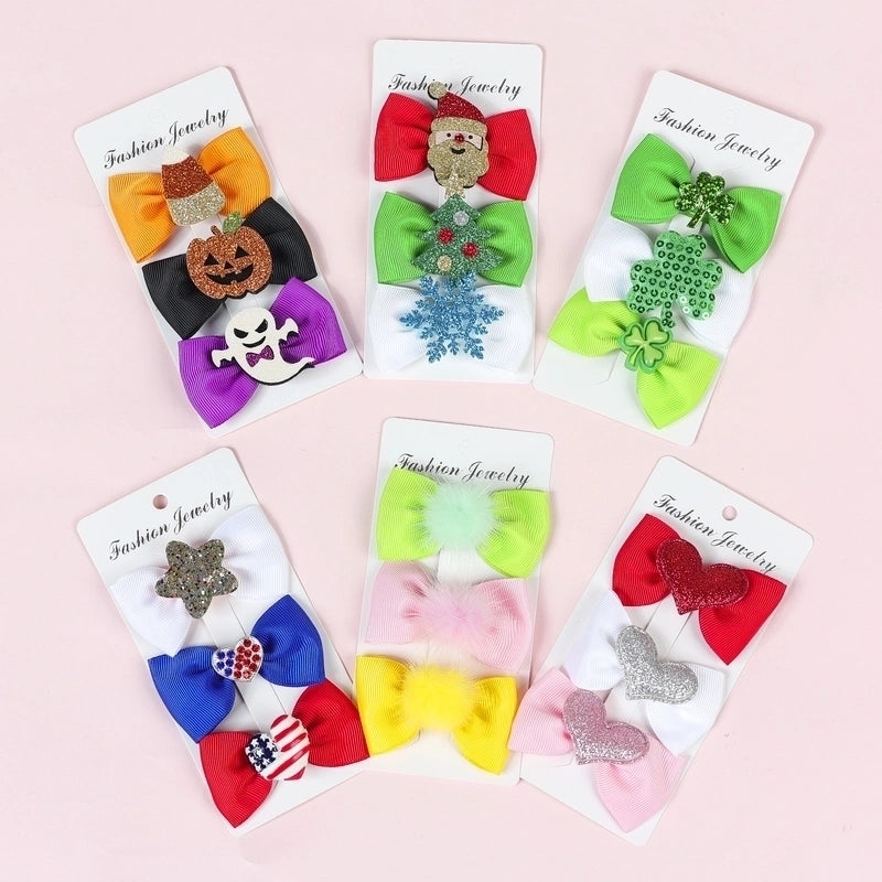 Halloween Christmas Independence Day Ethnic Style Kid’S Halloween Pattern Santa Claus American Flag Sequins Knitting Bowknot Hair Clip