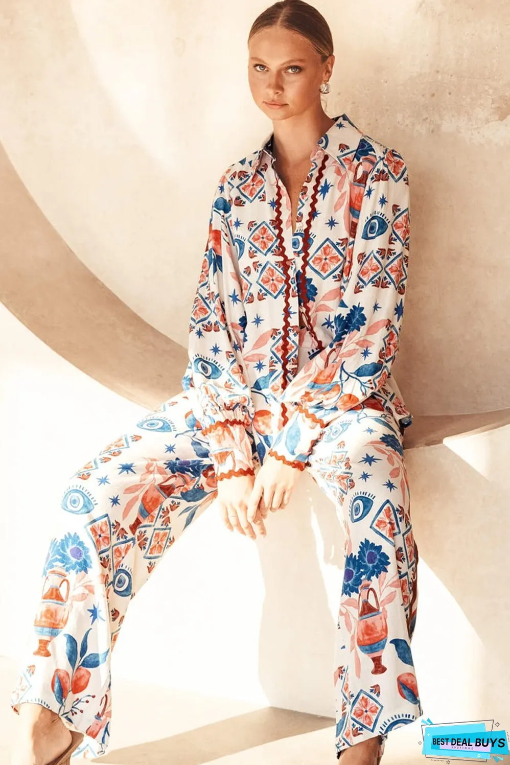 Multicolour Western Printed Ric Rac Bishop Sleeve Button Up Shirt