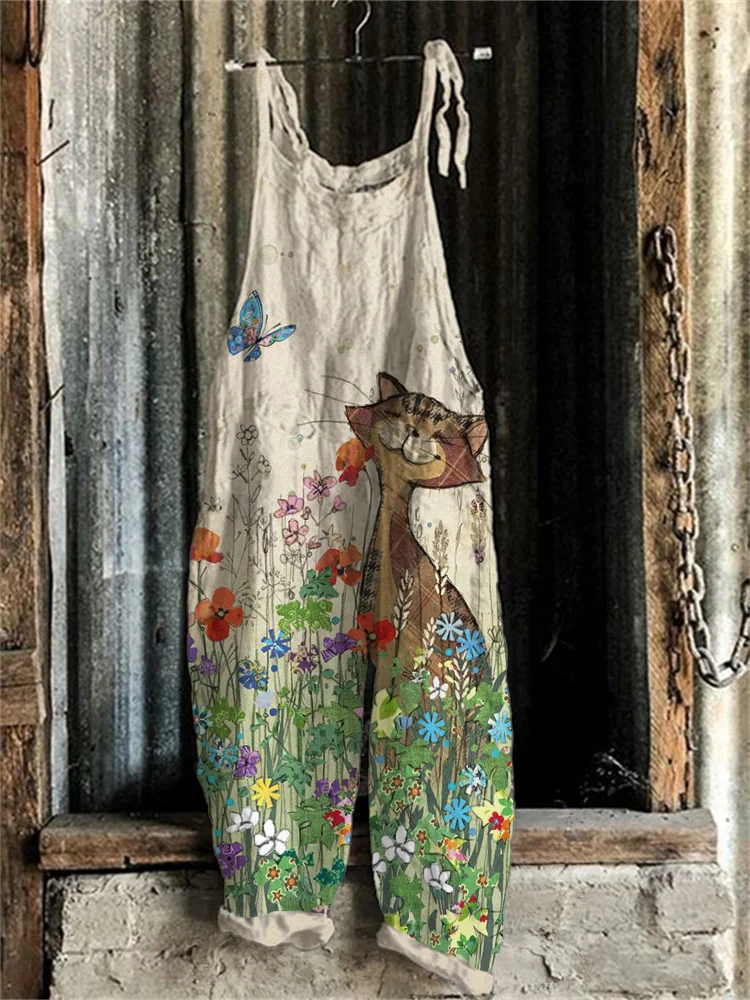 Country Cat & Butterfly Art Graphic Jumpsuit