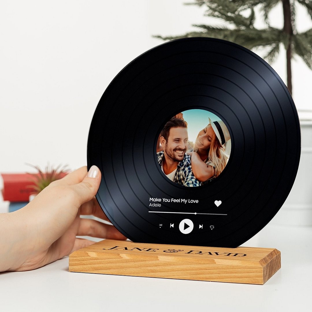 Custom Song Plaque as Anniversary Gift. Personalized Vinyl with Wooden Stand Personalized Album Cover with Your Photo as Music Lover Gift