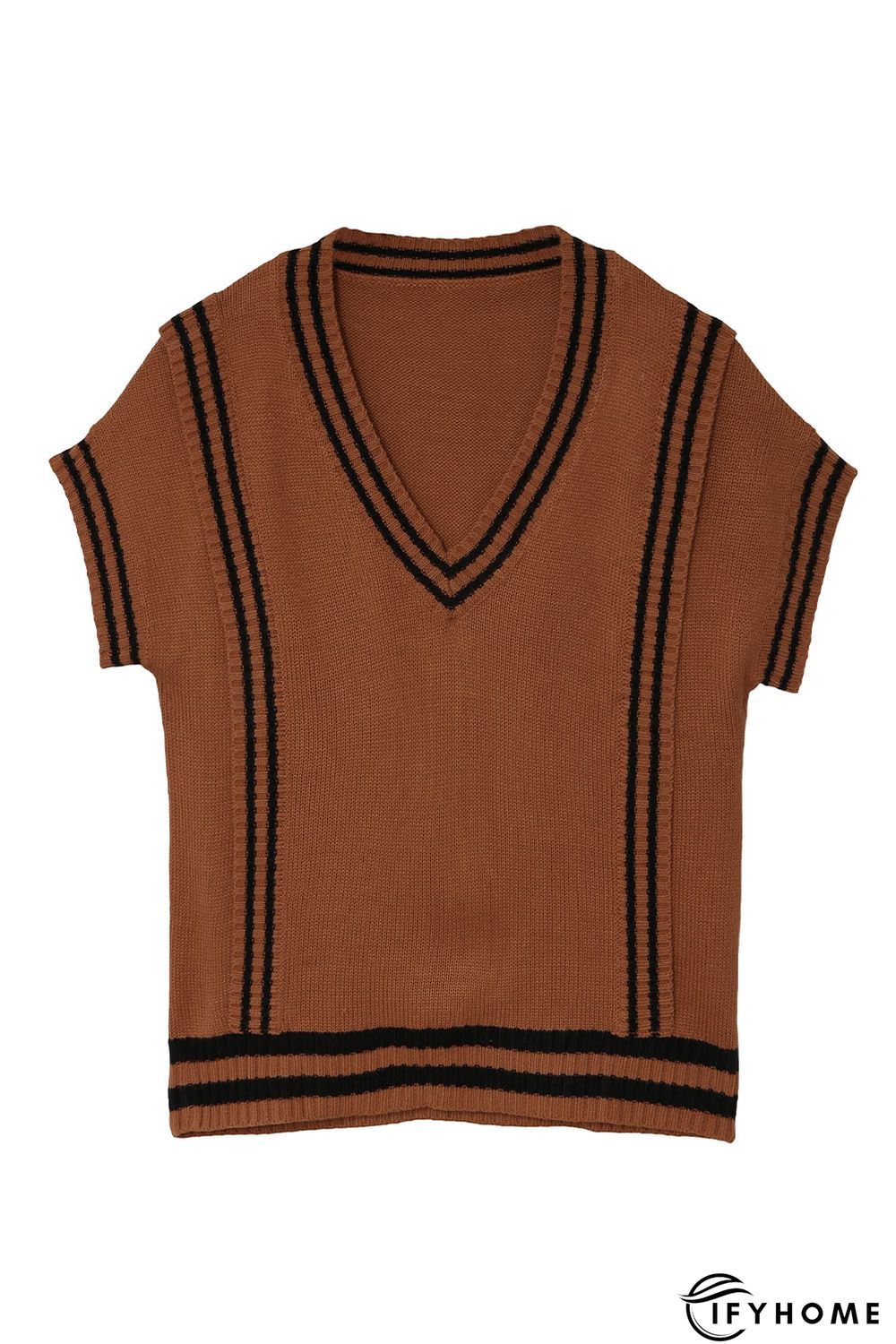 V Neck Contrast Stripes Trims Short Sleeve Sweater | IFYHOME