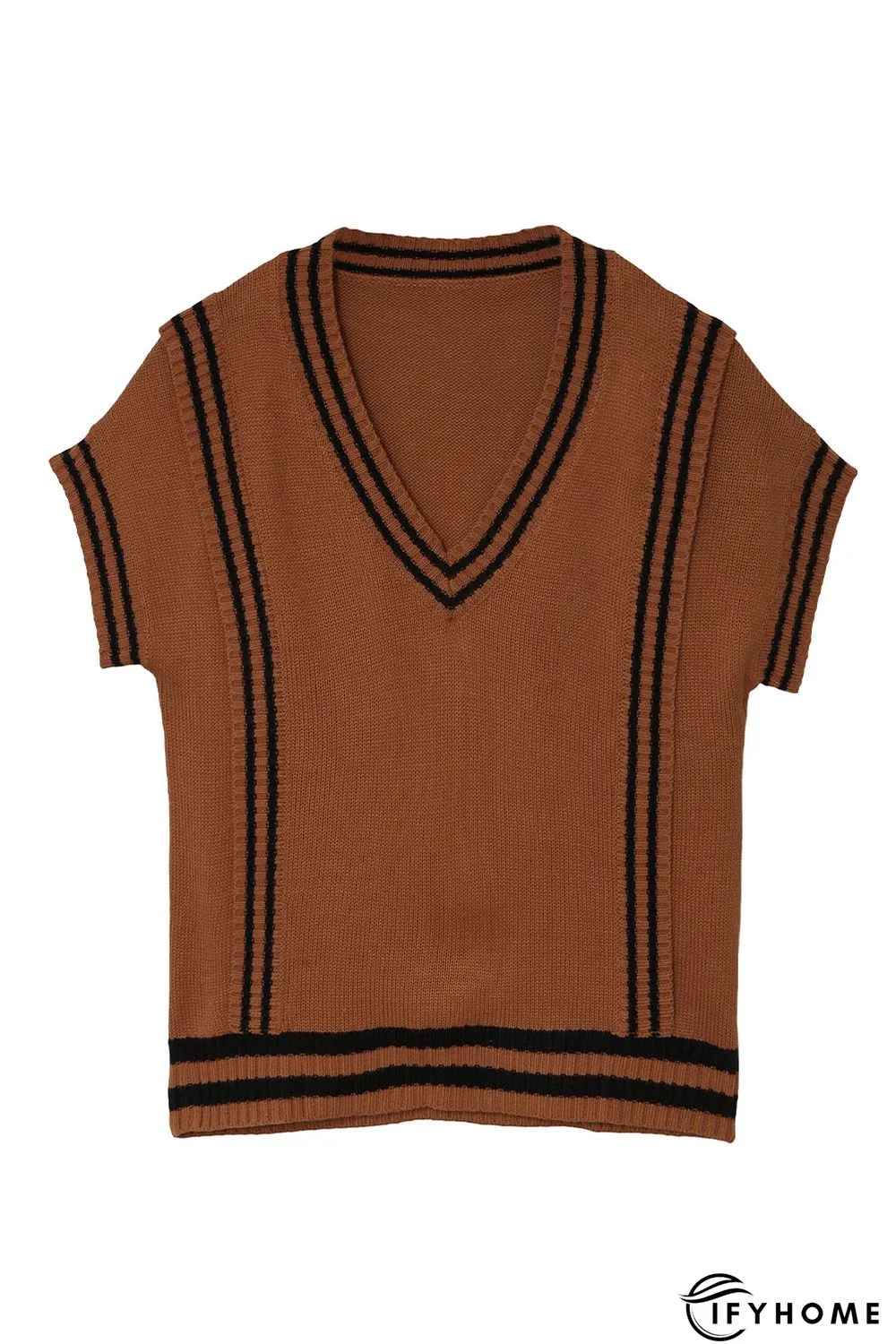 V Neck Contrast Stripes Trims Short Sleeve Sweater | IFYHOME