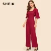 SHEIN Vintage Burgundy Sweetheart Neck Double Breasted Flounce Sleeve Jumpsuit Women Workwear Office Lady Wide Leg Jumpsuits