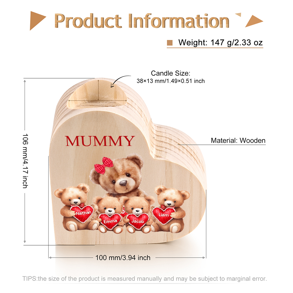 Personalised 4 Names & 1 Text Candle Holder Teddy Bear Wooden Candlestick Gifts for Grandma/Mother-Jessemade AU