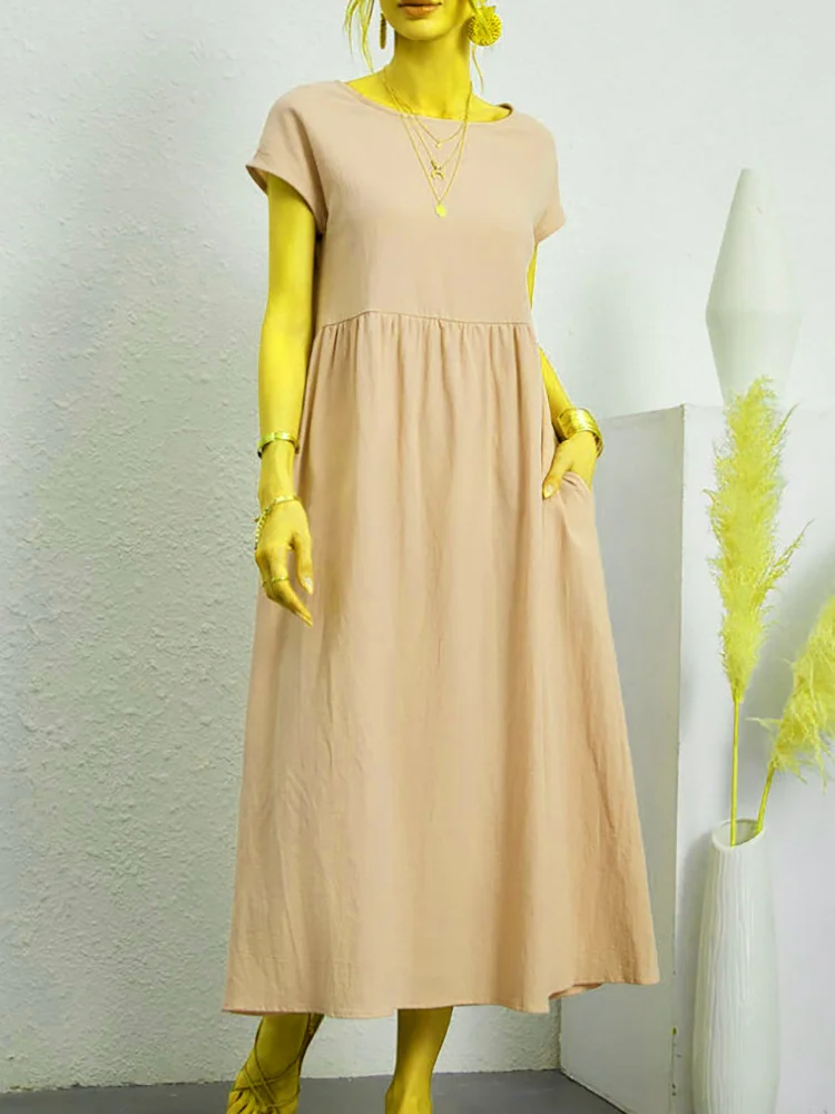 Uveng Uveng Solid Color Sleeveless Loose Cotton Into Pocket Dress