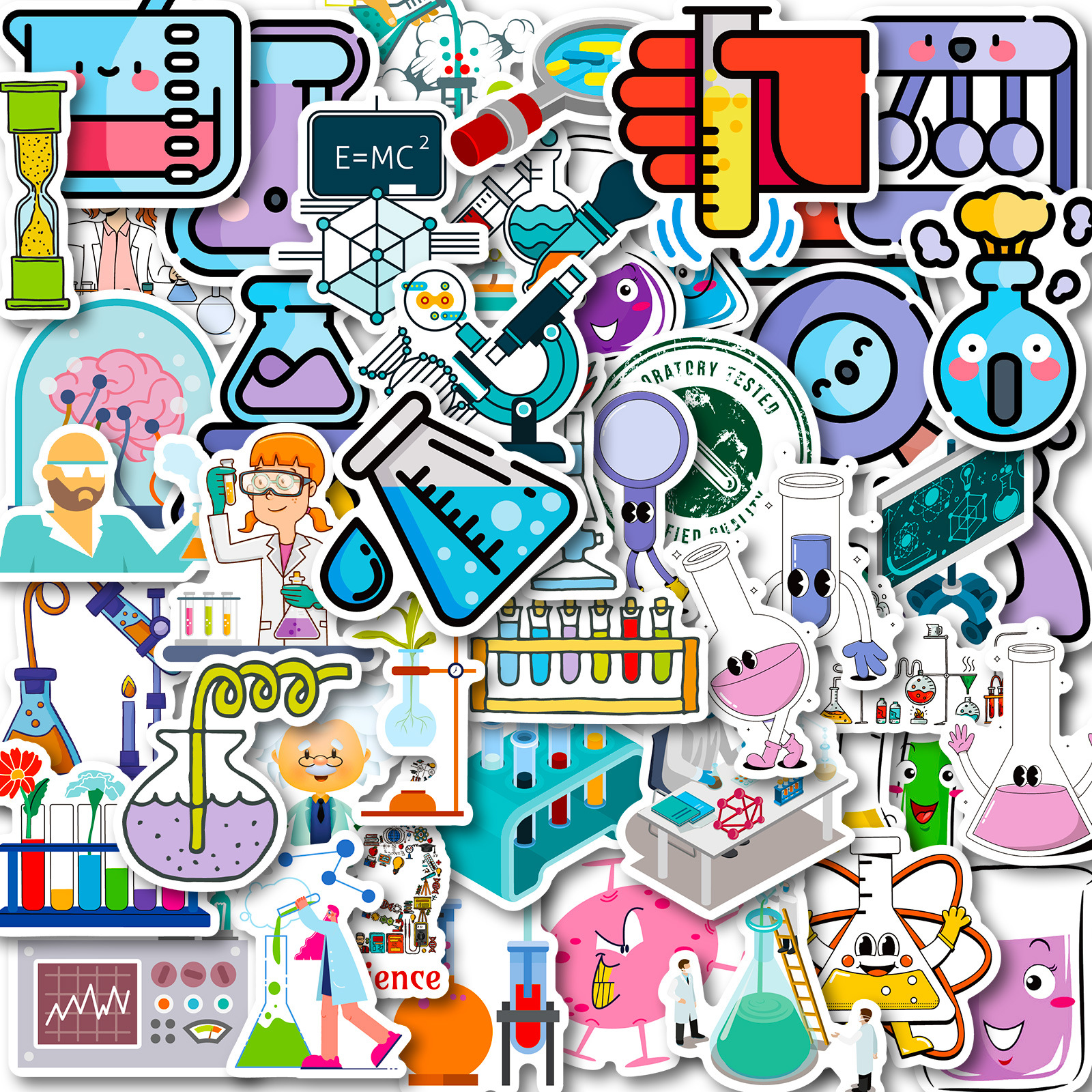 50-Pack Educational Science Stickers: Cartoon Lab & Chemistry Gear