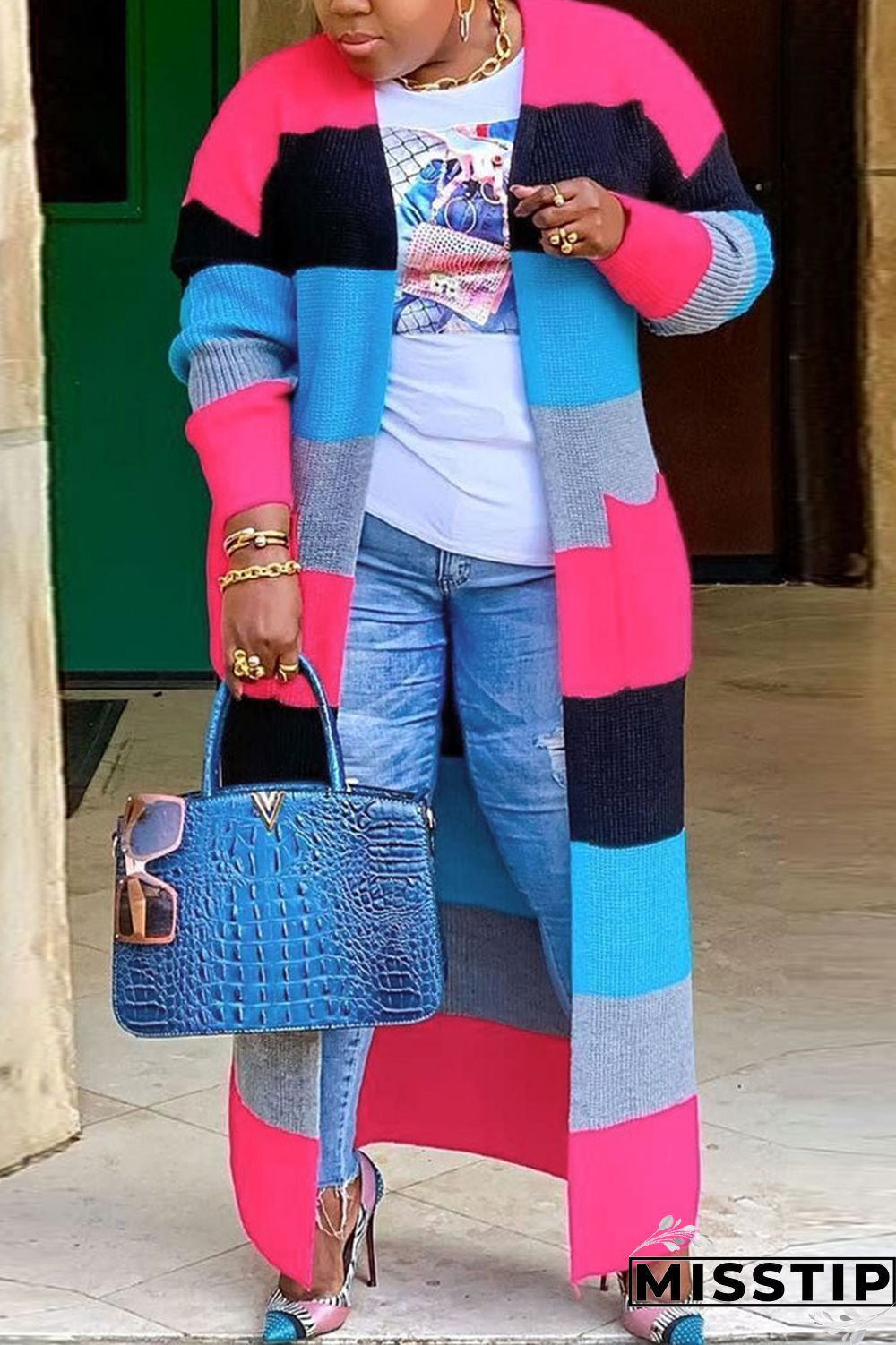 Blue Plus Size Daily Striped Cardigan