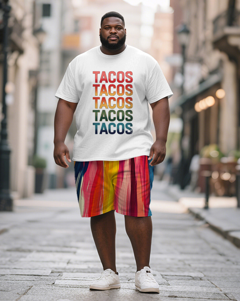 Men's Plus Size Colorful Irregular Stripe Tacos Letter Print Short Sleeve T-Shirt Shorts Suit