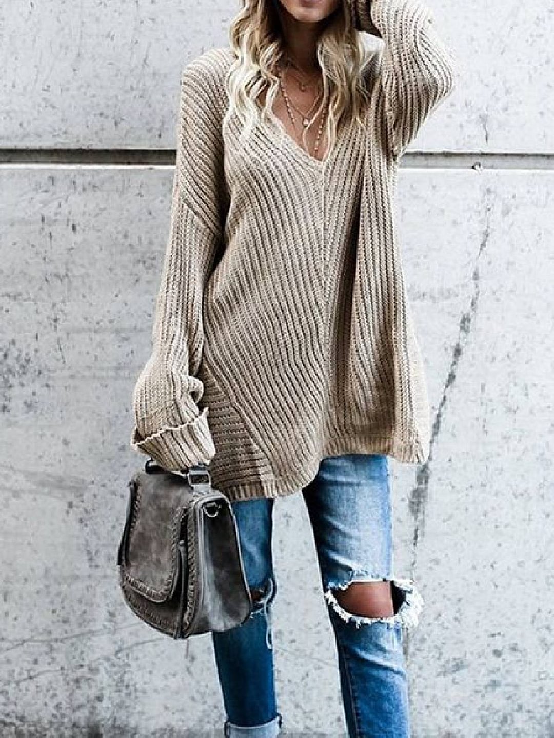 Khaki Gray Casual Cotton-Blend V Neck Shirts & Tops | EGEMISS