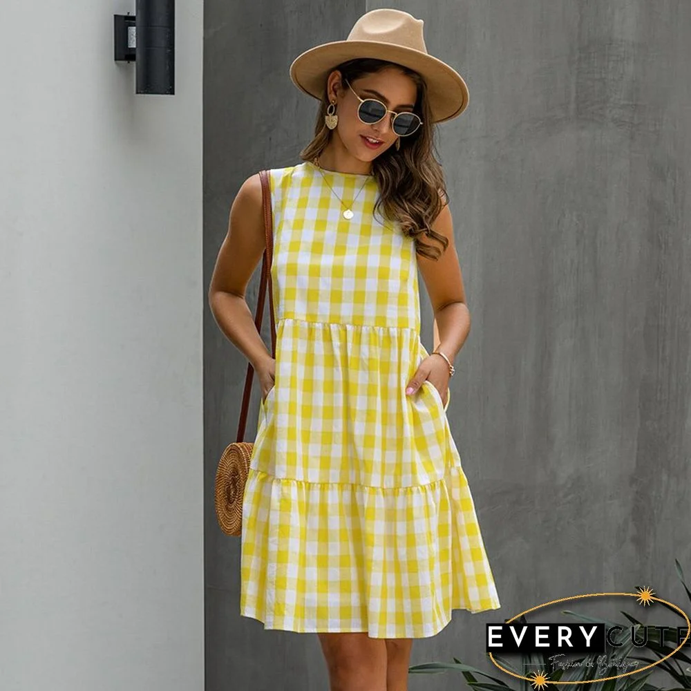 Summer Loose Plaid Dress Women Casual Cotton O-neck Patchwork Sleeveless Dress NEW