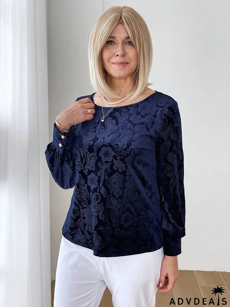 Women's Casual Floral Pattern Round Neck Long Sleeve Commuter T-Shirt, Autumn