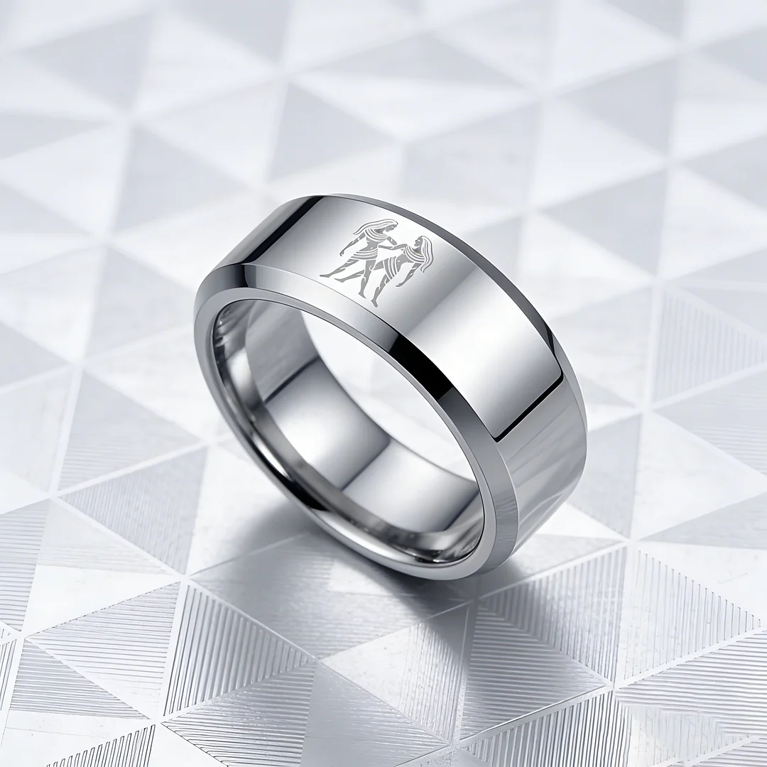 Sliver Laser Etched Couple Wedding Bands Sliver Gemini Tungsten Carbide Rings Beveled Edges 4MM 6MM 8MM