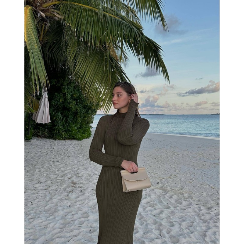 Ootddress Autumn Ruffled Knitwear Long Dress Female Long Sleeve Loose Ribbed High Waist Maxi Dress Streetwear Knit Solid Women Dress