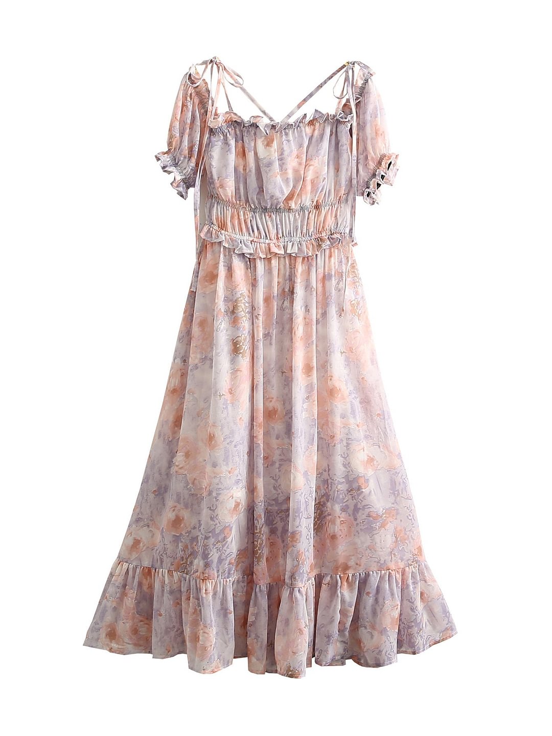 Spring Women's Clothing Blooming Off-shoulder Printed Chiffon Dress