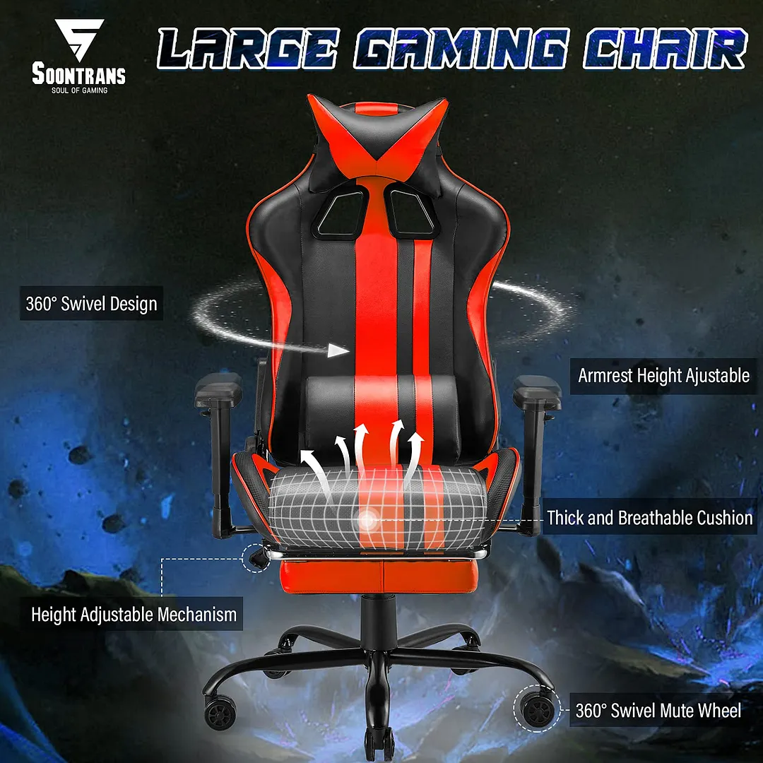  180&deg; Tiltable PU Leather with Footrest Height Adjustable Armrests, Headrest and Lumbar Support Computer Chair