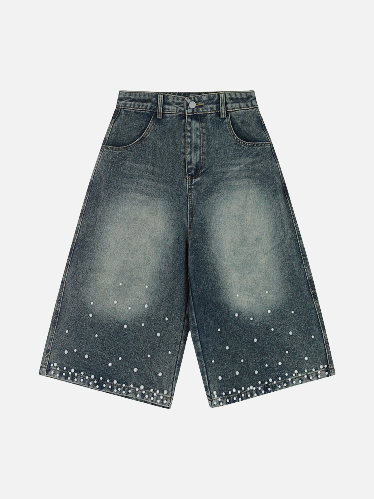 Blue Act Chic Pearl-Studded Baggy Longline Jorts Front