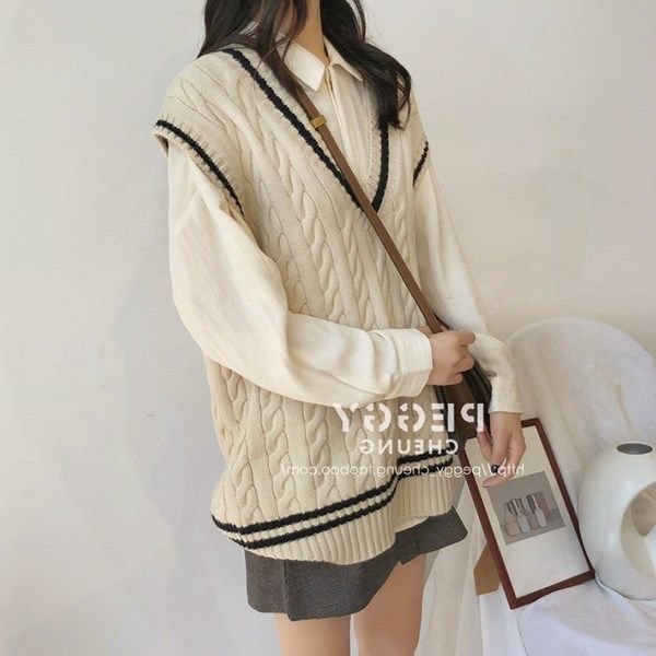 Sweater Vest Women Sleeveless Knitting Simple College Preppy Harajuku All-match V-neck Retro Spring Fall Female Teens Lady Chic