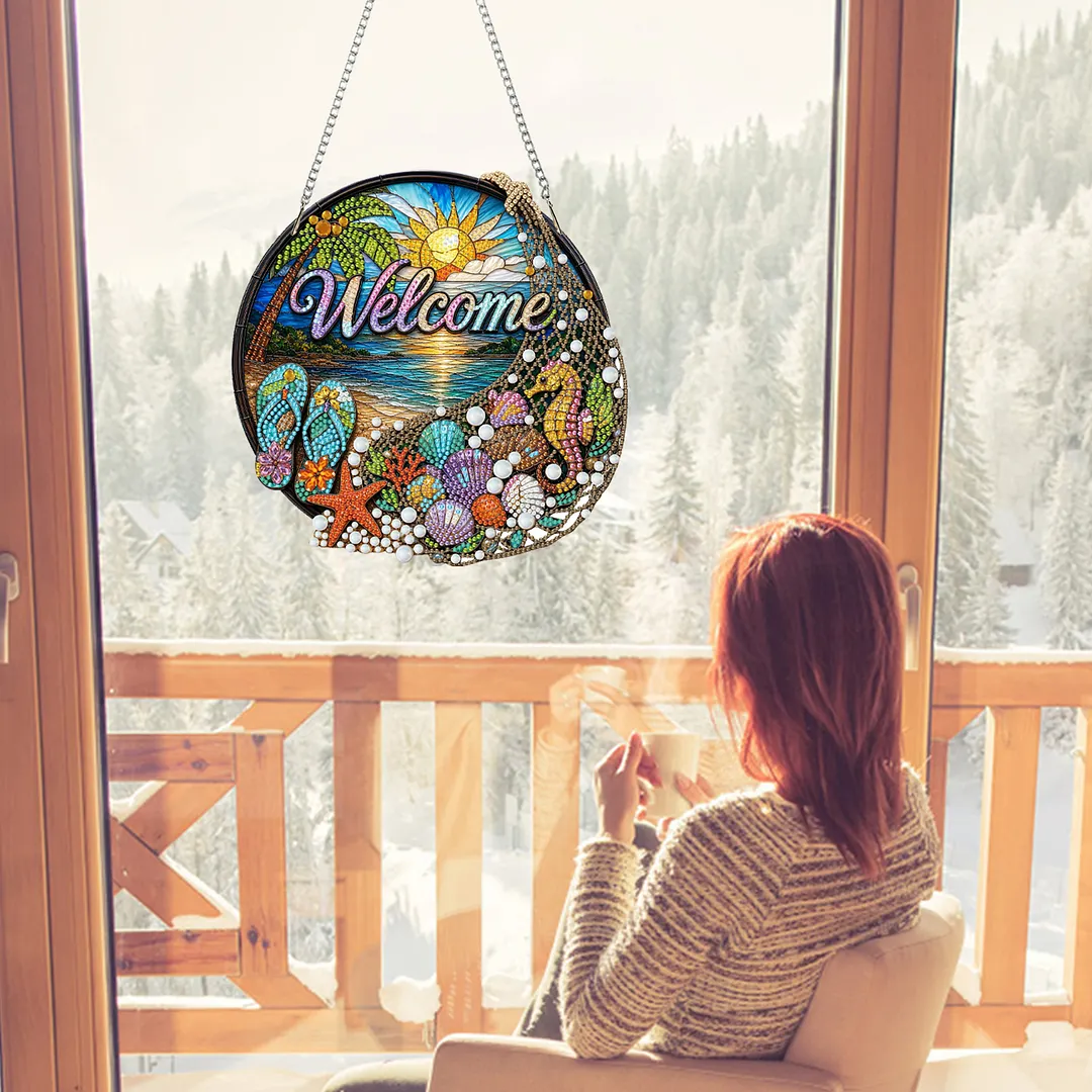 Beach Seahorse Welcome Sign 2D Flat DIY PET Diamond Painting Pendant Special Shape Hanging Gem Art Paintings Charm Single Side Drill for Adults Home Wall Window Decor
