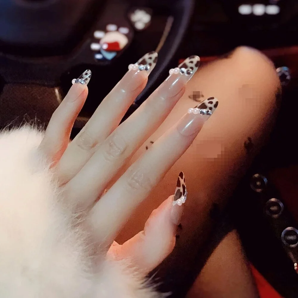 3D Diamond Pearl Nude French Ballerina Coffin Leopard Full Cover False Nail Long Fake Press on 24Pcs Acrylic Art Nail Tips Women