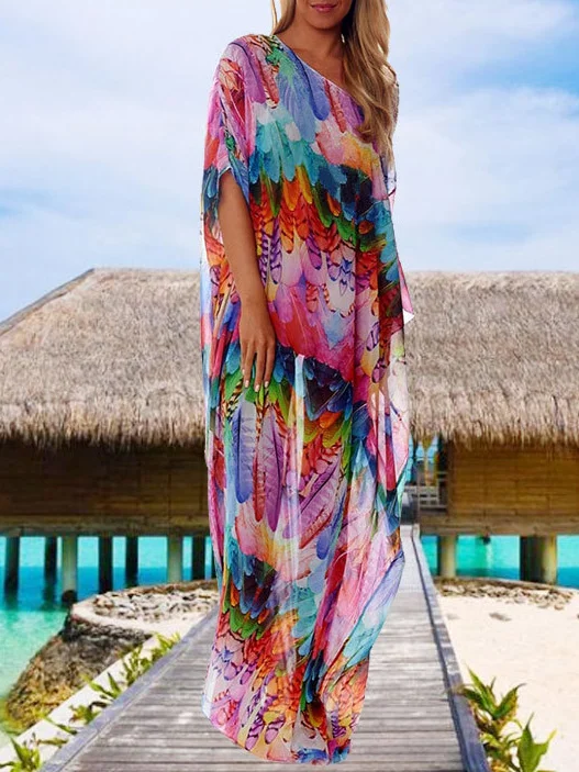 Belted Feathers Multi-Colored Print Loose Cover-Ups Swimwear