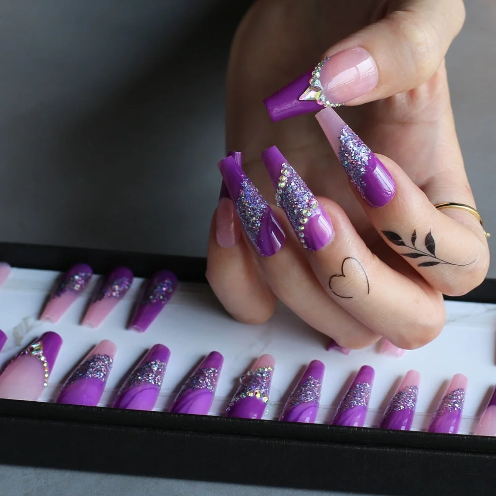 Luxury Coffin Glitter purple clear fake nails with crystals Gel Pink Long False nails French Lengthen