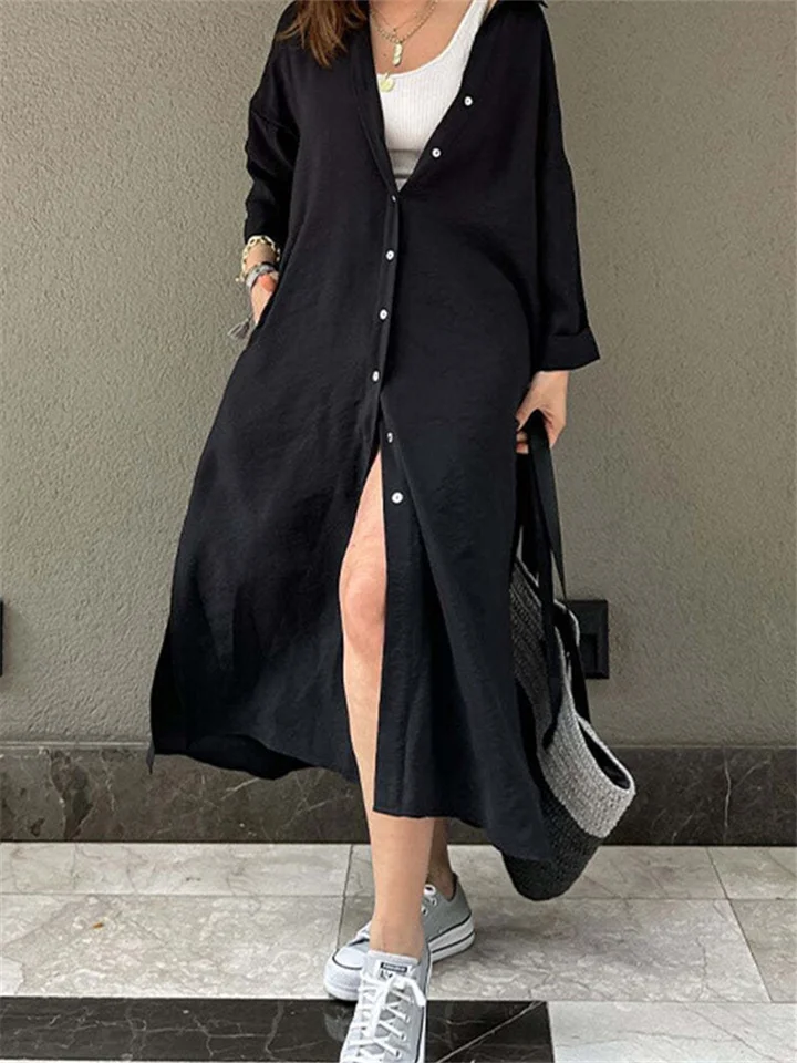 Shirt Dresses Ladies Long Skirt Thin Solid Color Cardigan Breathable Loose Long Sleeve Shirt Dresses-Cosfine