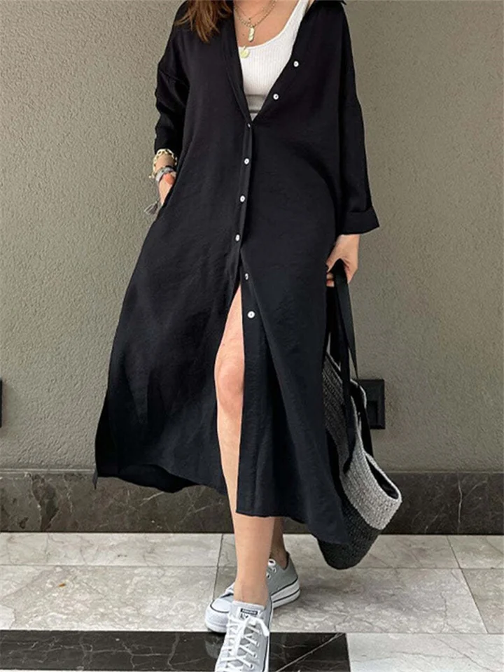 Shirt Dresses Ladies Long Skirt Thin Solid Color Cardigan Breathable Loose Long Sleeve Shirt Dresses