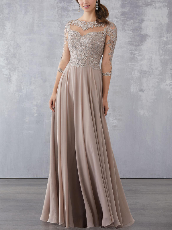 Round Neck Lace Long Sleeve Maxi Dress