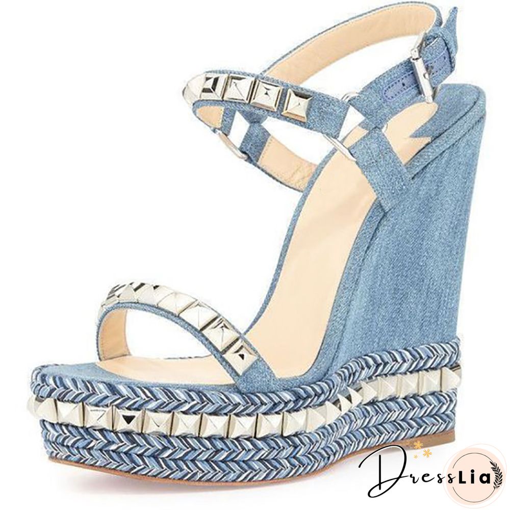 Rivet Wedges Sandals Waterproof Super High Heel Summer Women Shoes Ankle Buckle Round Open Toe Cut Out Silver Sandals