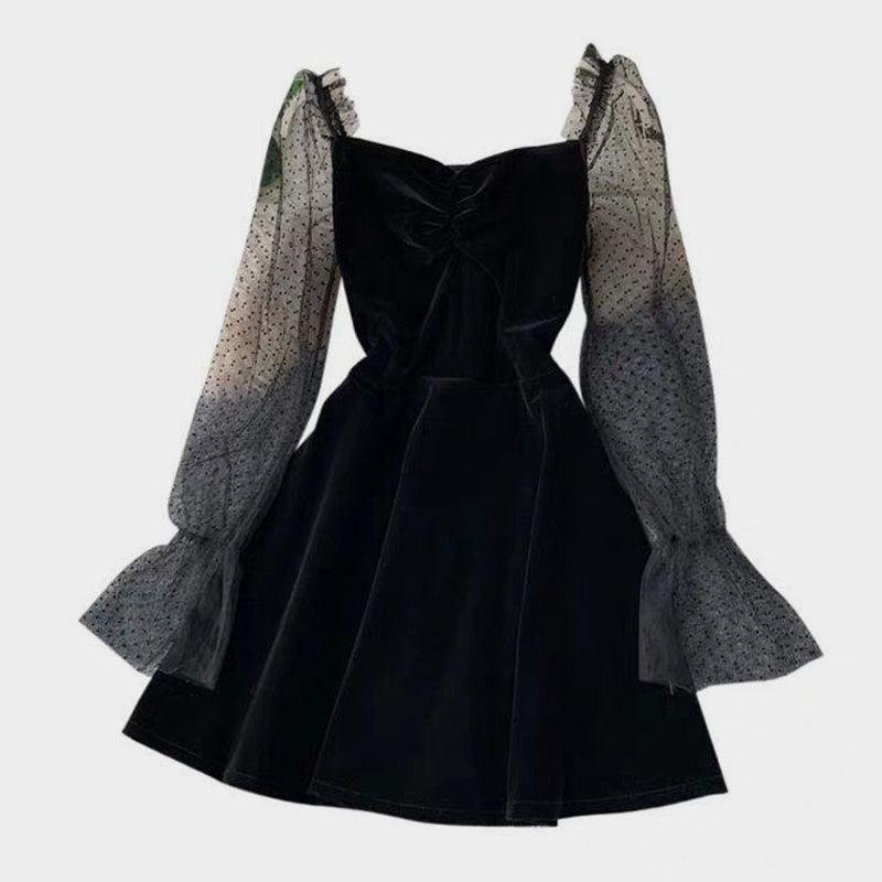 Mesh Puffed Sleeve A-Line Dress