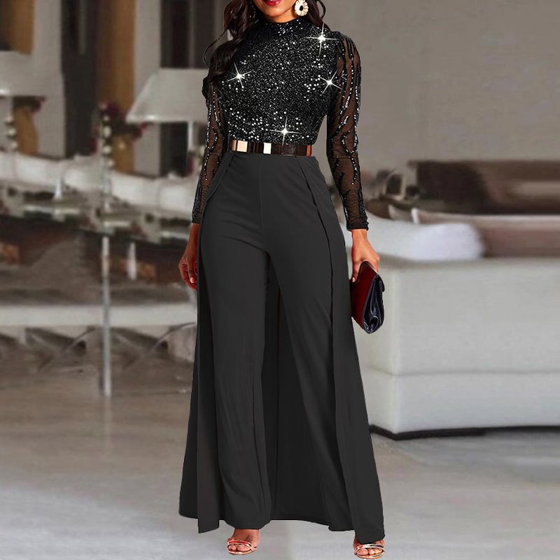 Fashion Stitching Sequined Long-sleeved Jumpsuit