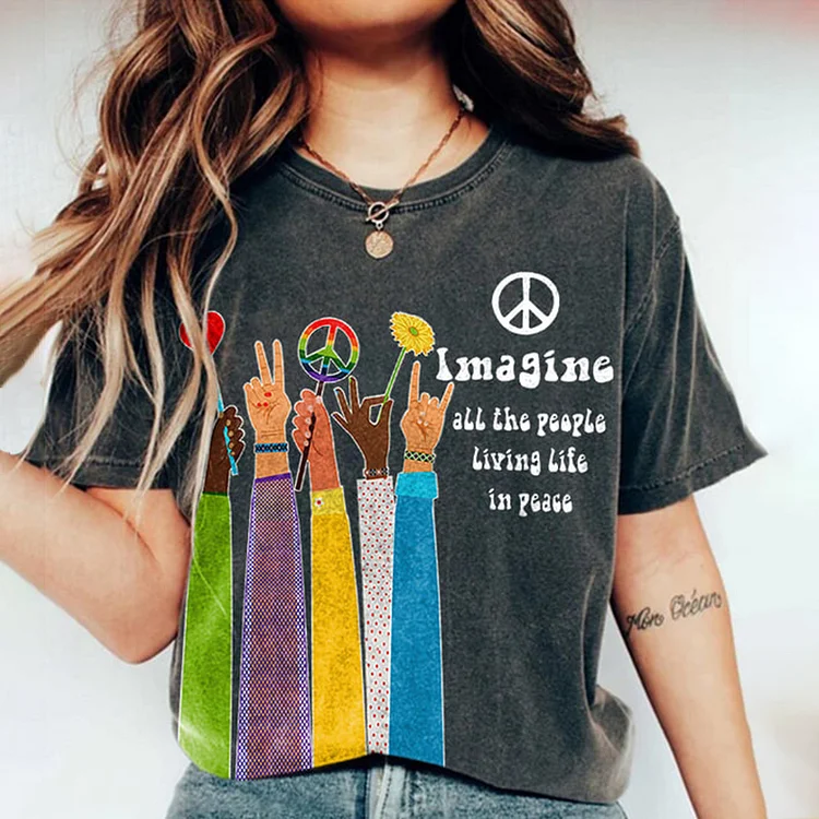 Comstylish Retro Hippie Imagine All The People Living Life In Peace Print Shirt