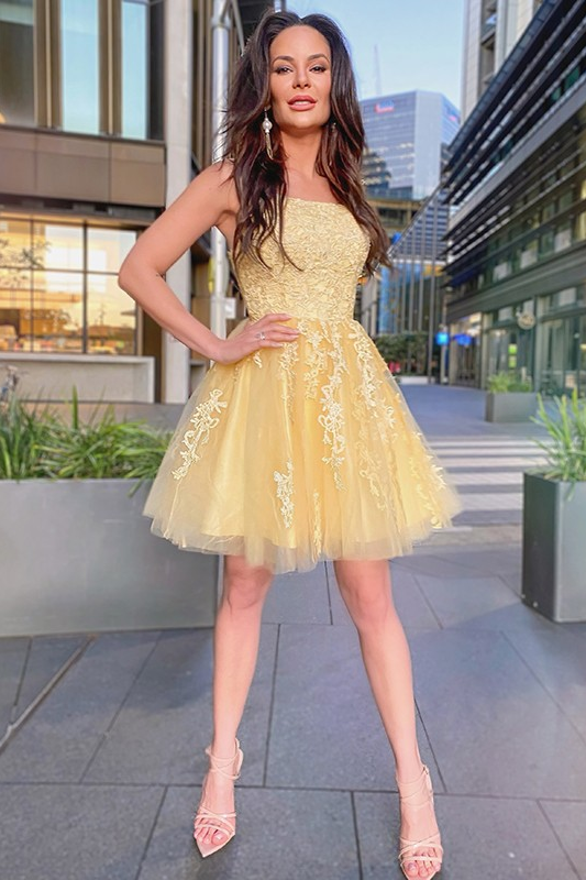 Lvs&Broner Spaghetti Strap Sleeveless Short A Line Homecoming Dress With Appliques