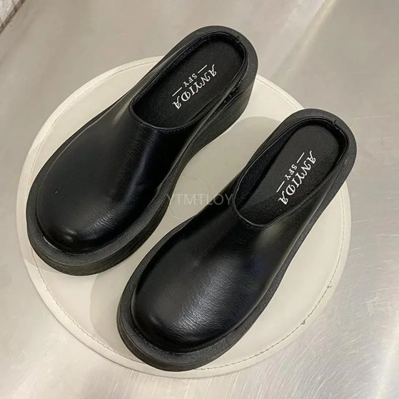 High-Heeled Shoes Lady Slippers Women Summer Platform Cover Toe Slides On Wedge Heels Rubber Pu Retro Zapatillas Mujer Casa